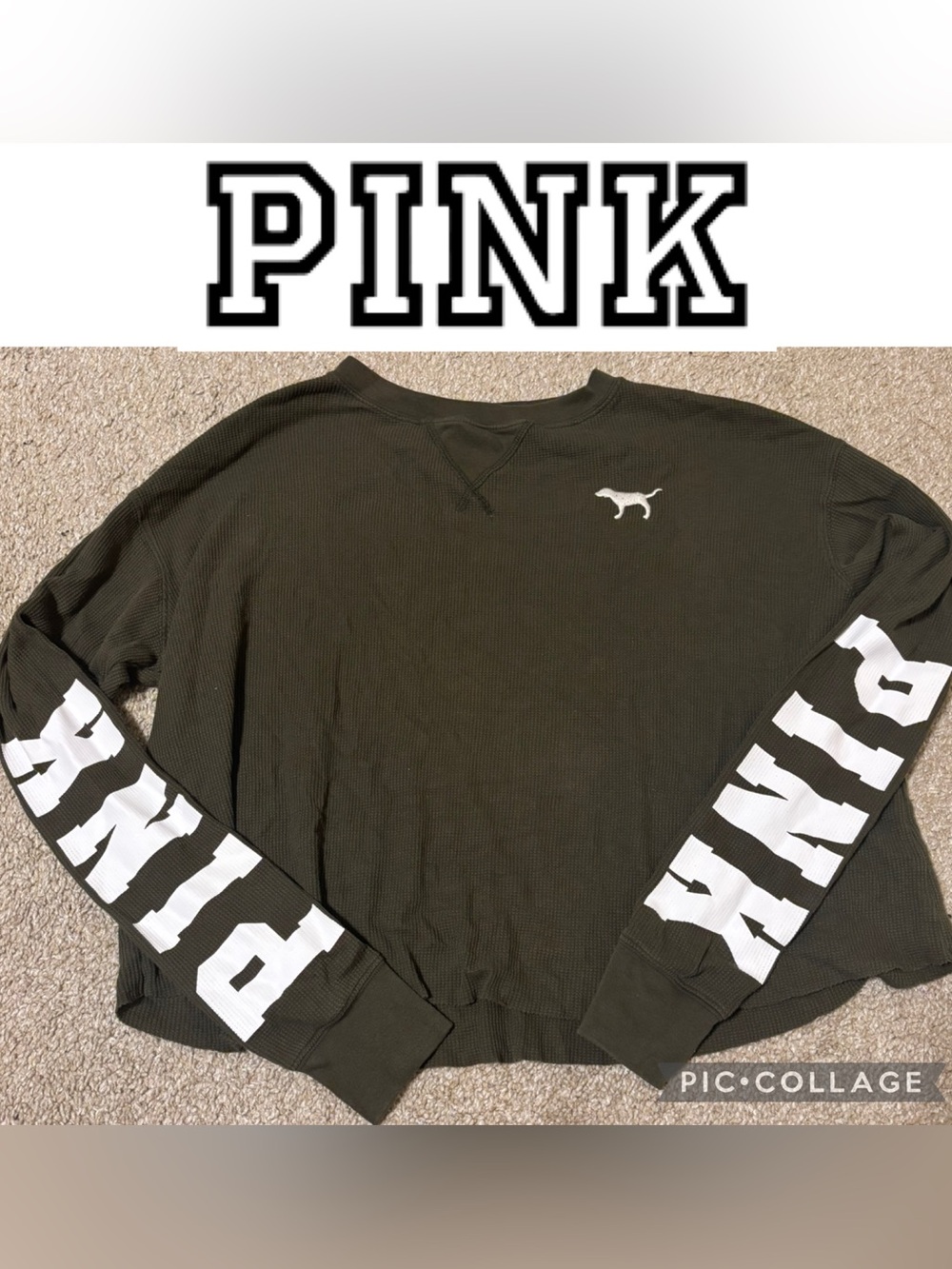 PINK Victoria's Secret Olive Green Waffle-Knit Crew with White Logo